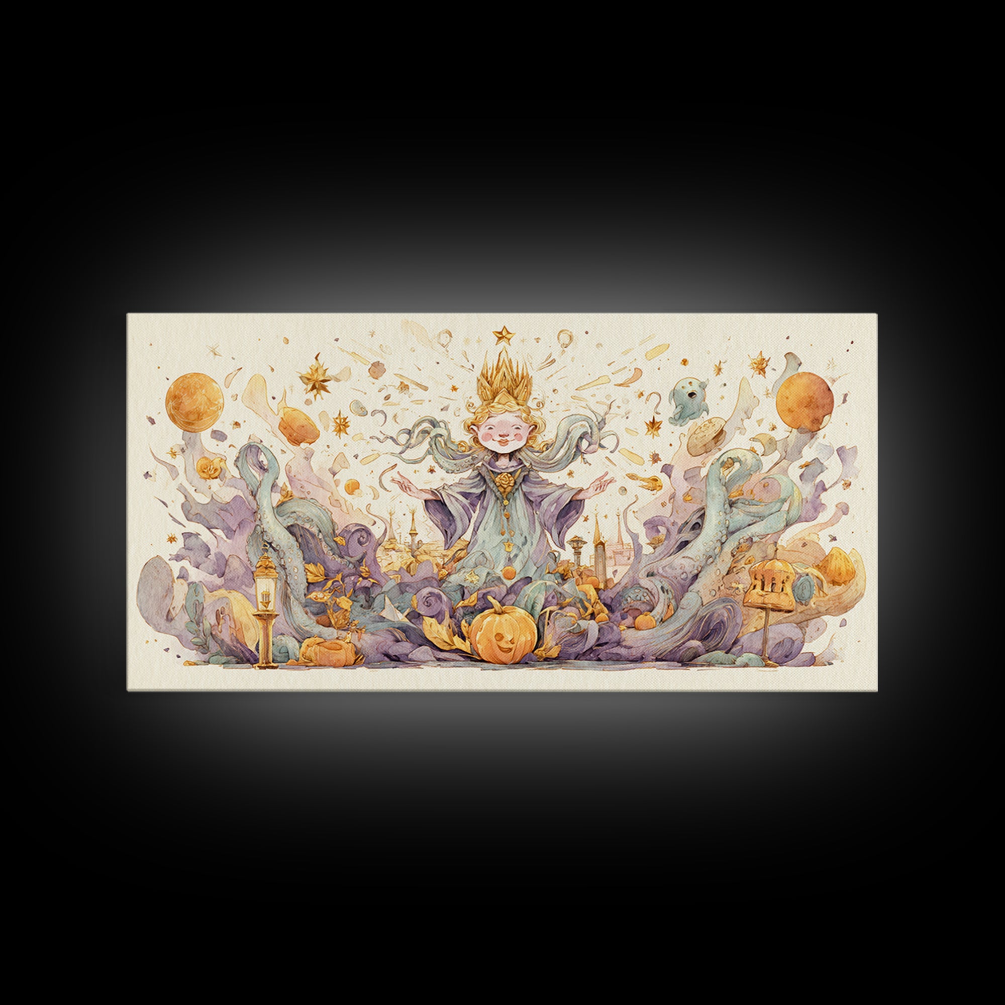 The Crown Of The Tentacled Saint, Watercolor Halloween Art, Wide Panoramic Art, Framed Canvas Print, Cute Halloween Wall Art