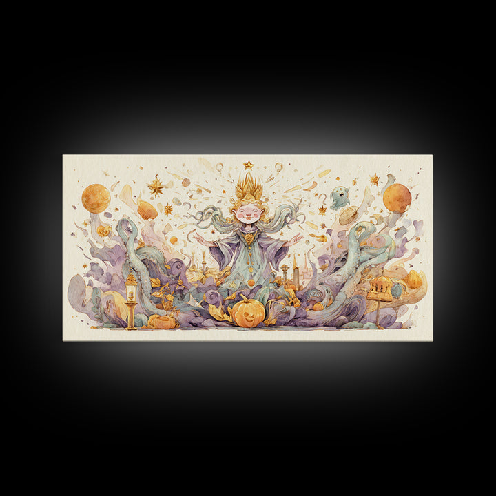 The Crown Of The Tentacled Saint, Watercolor Halloween Art, Wide Panoramic Art, Framed Canvas Print, Cute Halloween Wall Art