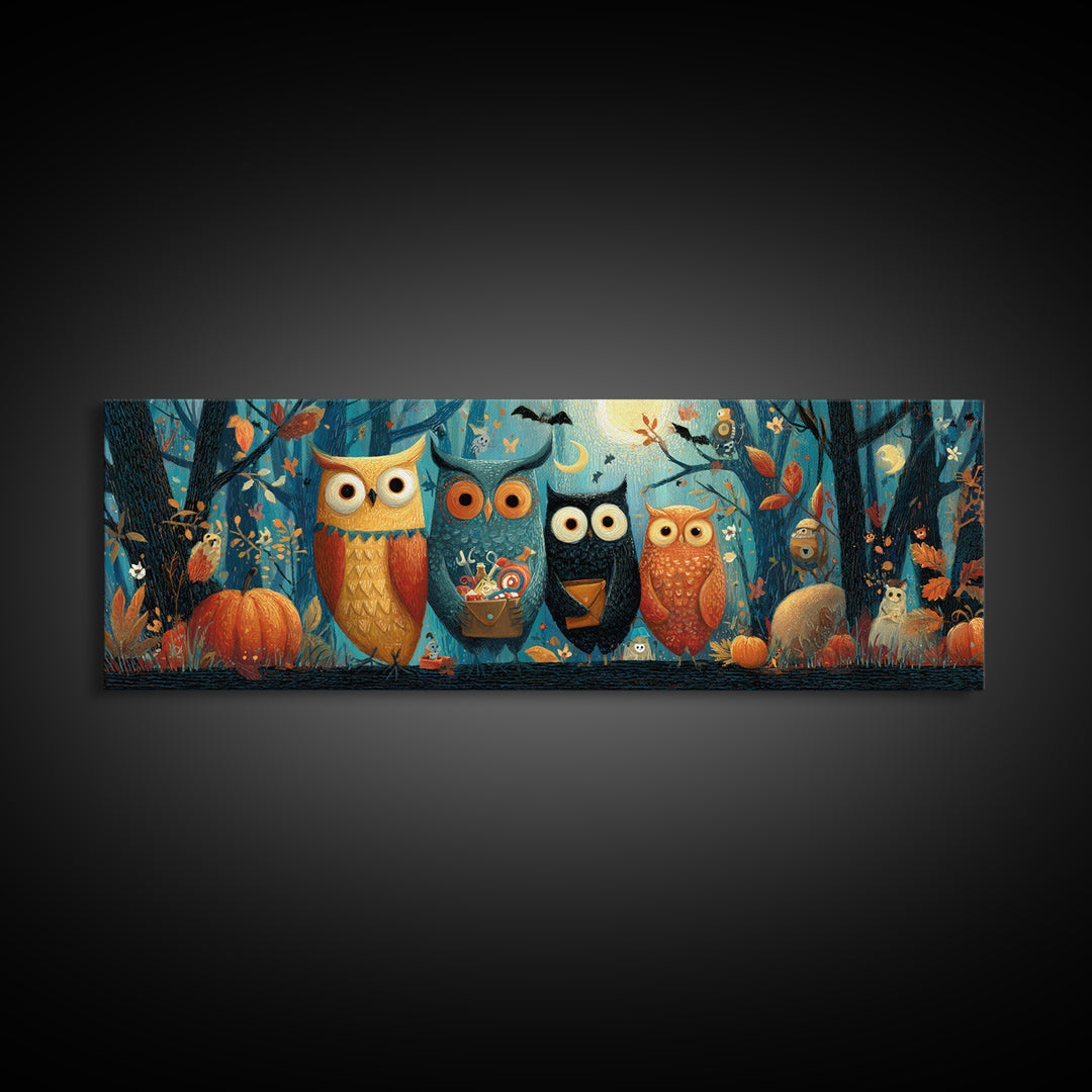 The Owl Postmaster, Gouache Halloween Art, Extra Wide Wall Art, Canvas Print, Cute Halloween Wall Art