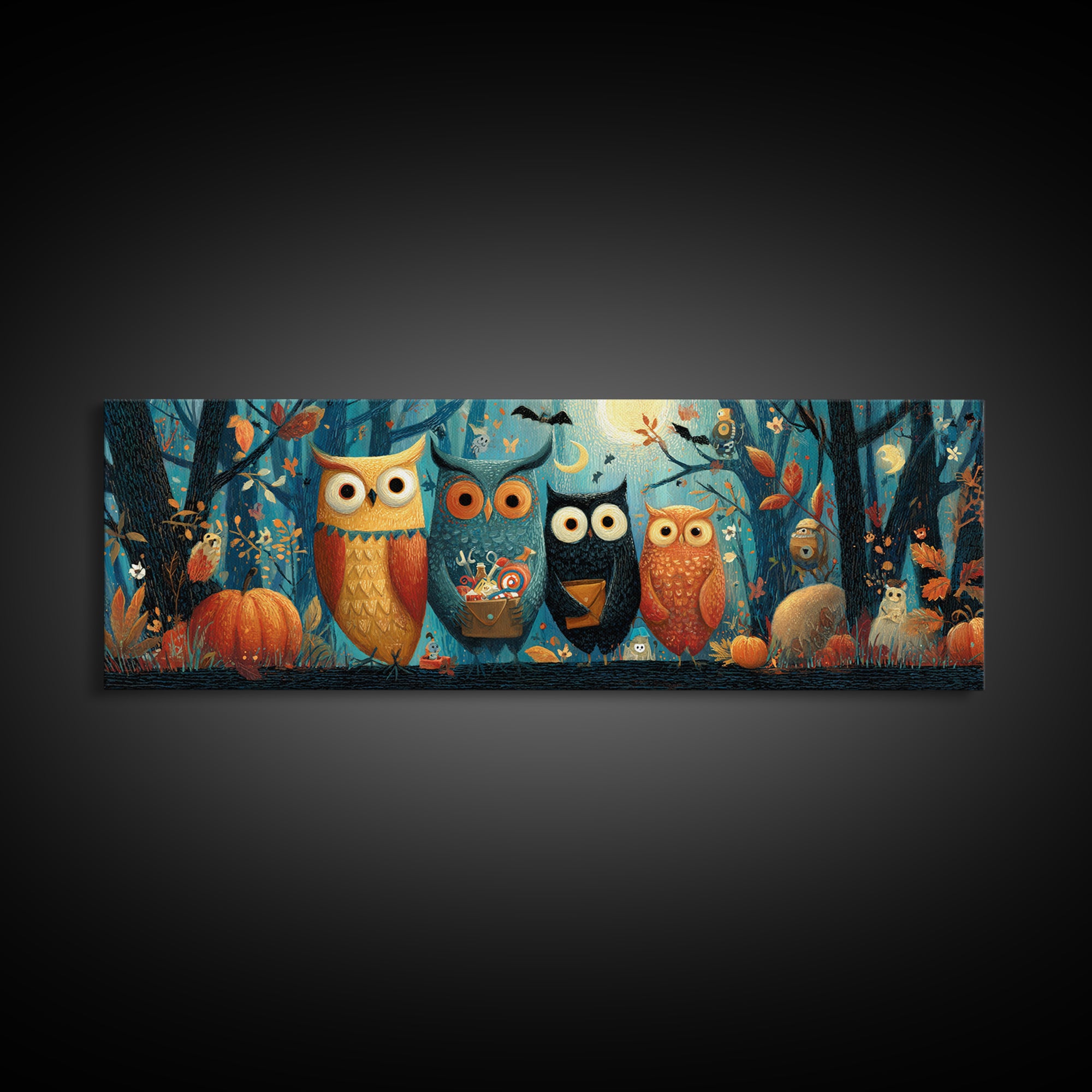 The Owl Postmaster, Gouache Halloween Art, Extra Wide Wall Art, Canvas Print, Cute Halloween Wall Art