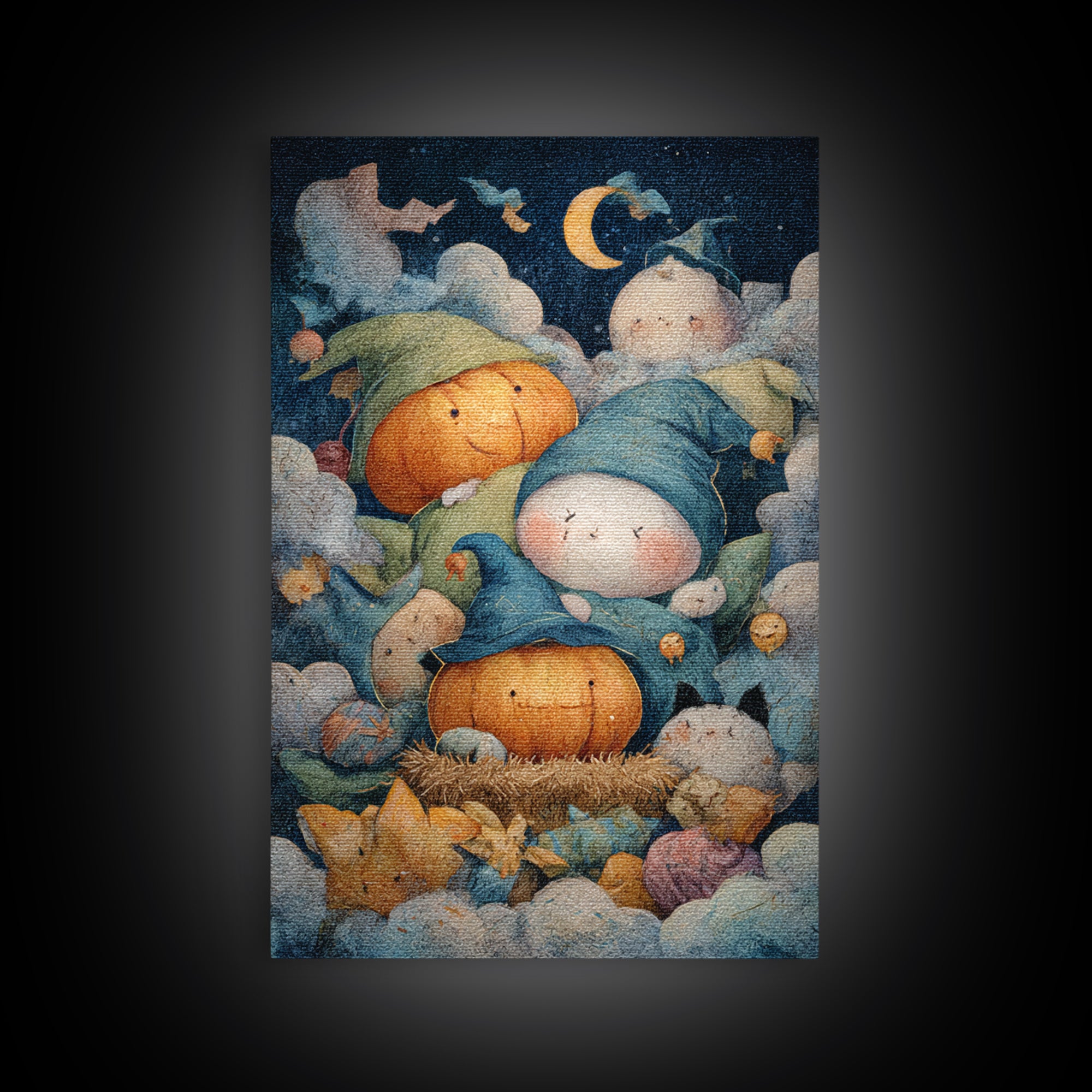 The Pumpkin Pajama Party, Pastel Halloween Art, Vertical Wall Art, Canvas Print, Cute Halloween Wall Art