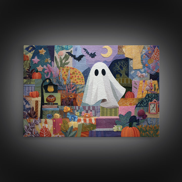 The Sleepy Blanket Ghost, Paper Collage Halloween, Landscape Wall Art, Framed Canvas Print, Cute Halloween Wall Art