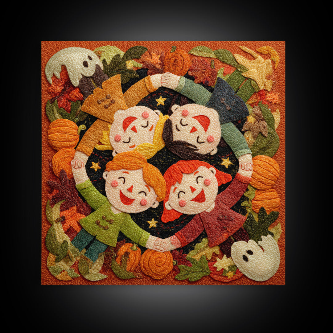 The Dancing Autumn Leaves, Felt Halloween Art, Square Wall Art, Canvas Print, Cute Halloween Wall Art