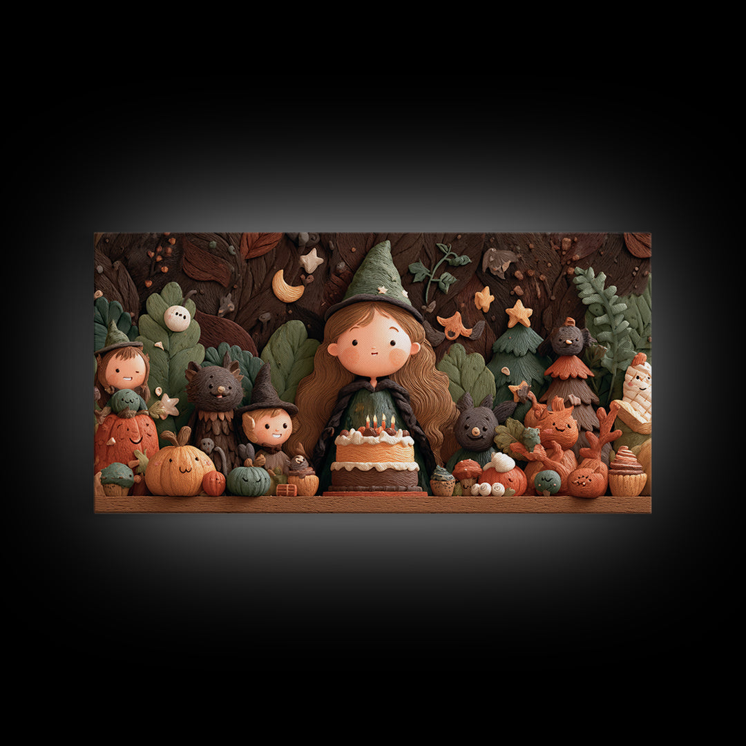 October'S Birthday Party, Clay Halloween Art, Wide Panoramic Art, Framed Canvas Print, Cute Halloween Wall Art