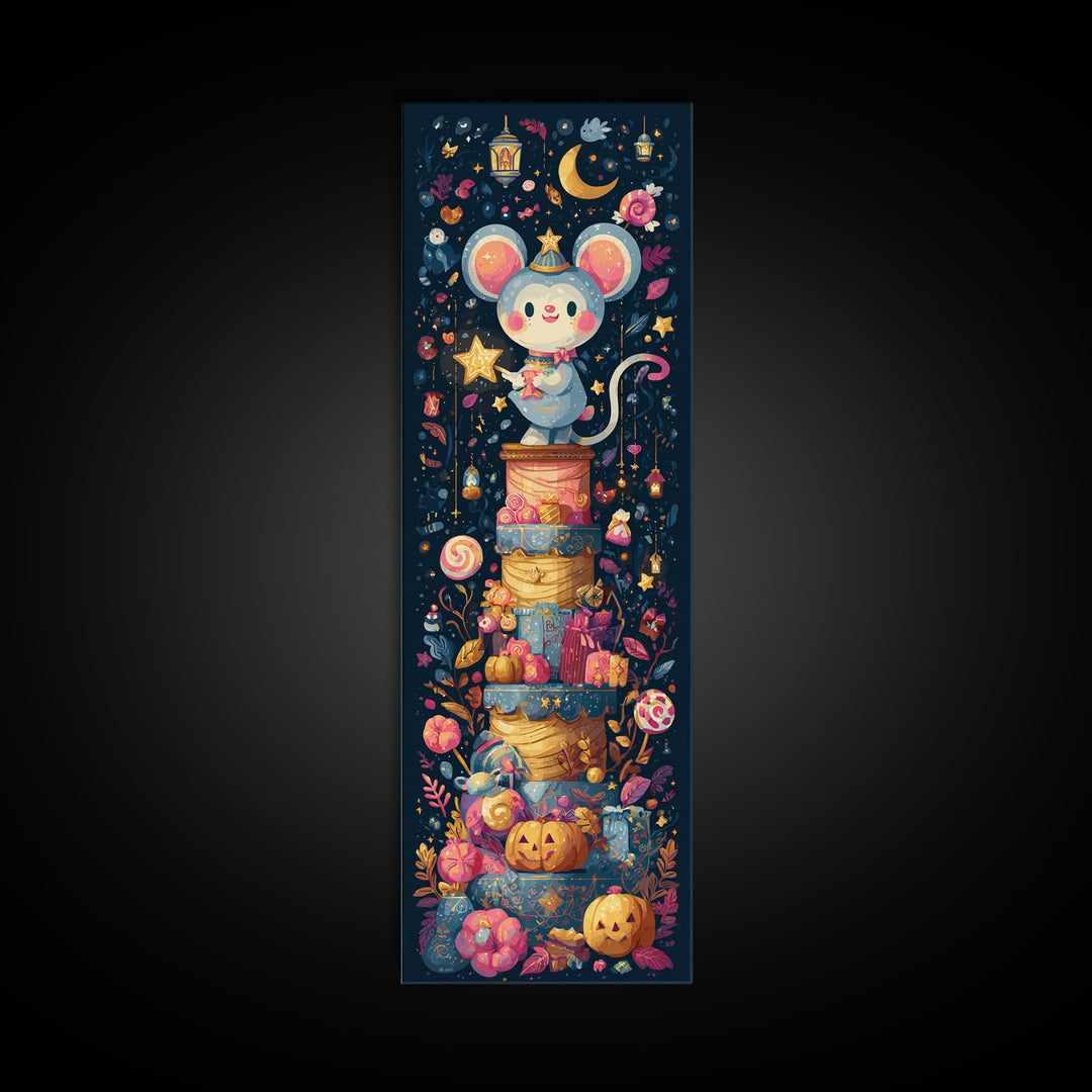 The Magician Mouse, Kawaii Halloween Art, Tall Narrow Wall Art, Framed Canvas Print, Cute Halloween Wall Art