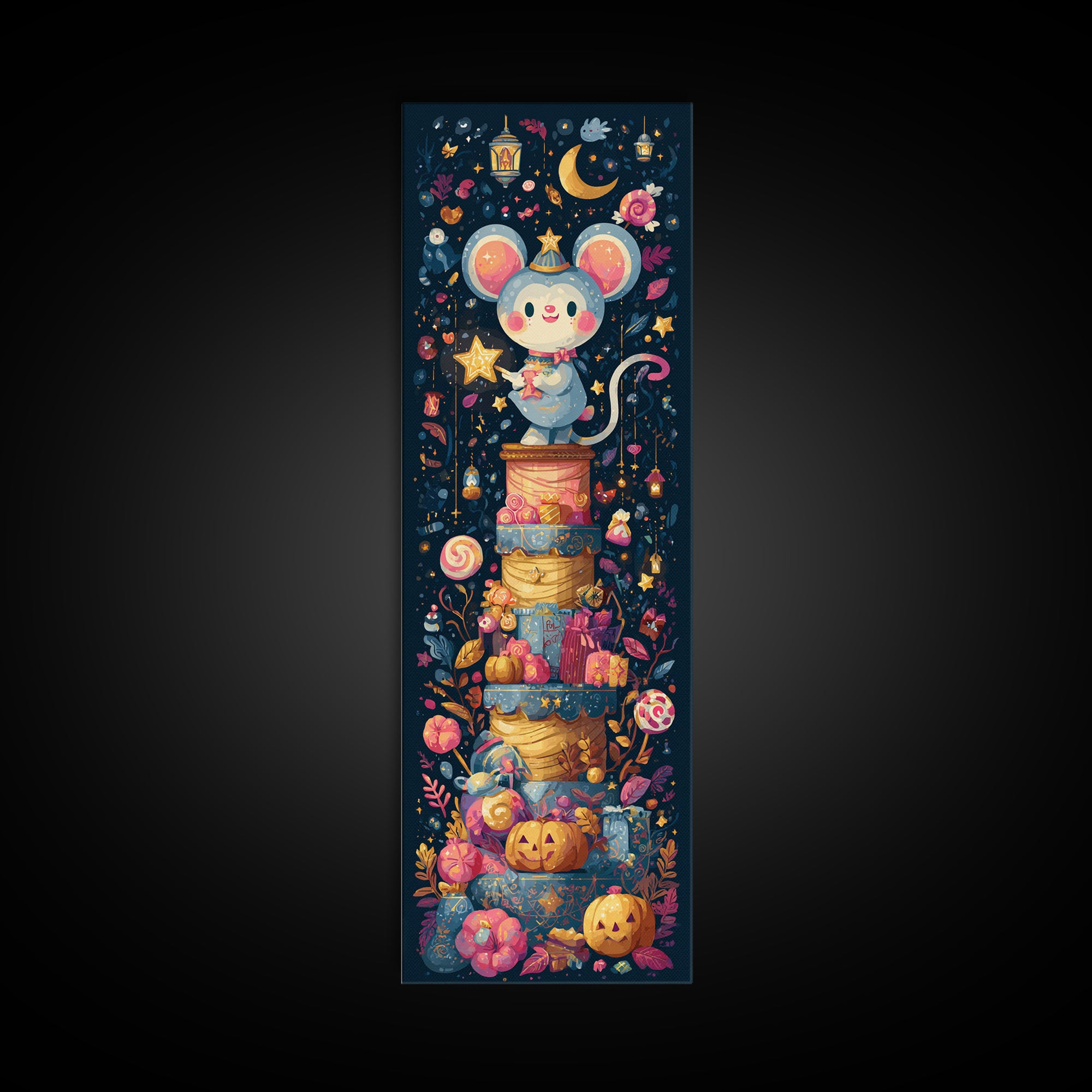 The Magician Mouse, Kawaii Halloween Art, Tall Narrow Wall Art, Framed Canvas Print, Cute Halloween Wall Art