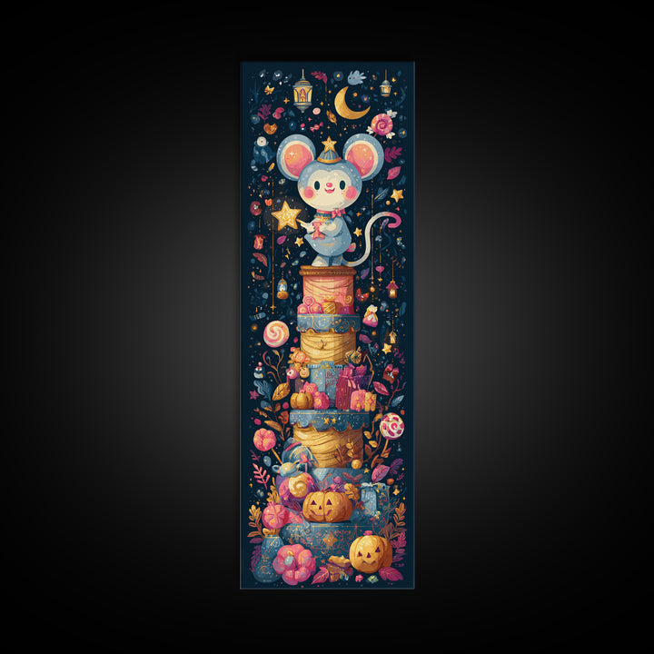 The Magician Mouse, Kawaii Halloween Art, Tall Narrow Wall Art, Framed Canvas Print, Cute Halloween Wall Art