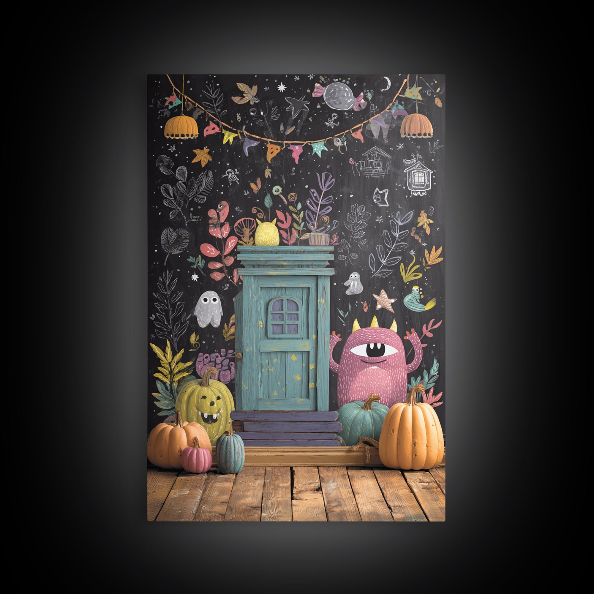 The Little Monster School, Retro Halloween Art, Vertical Wall Art, Canvas Print, Cute Halloween Wall Art