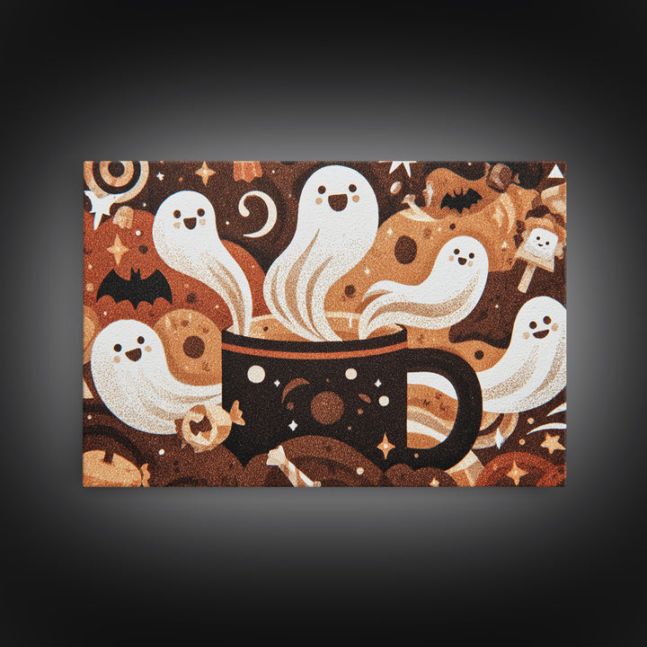 The Marshmallow Ghost Choir, Screenprint Halloween Art, Landscape Wall Art, Framed Canvas Print, Cute Halloween Wall Art