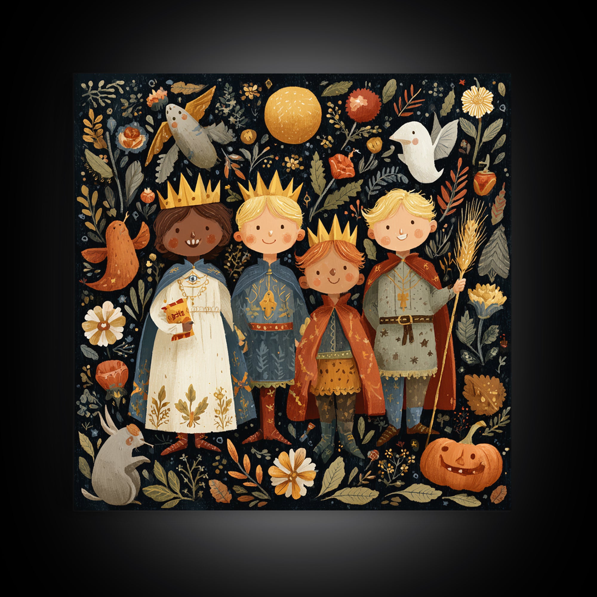 The Costume Parade, Folk Halloween Art, Square Wall Art, Canvas Print, Cute Halloween Wall Art, Halloween Kids Decor