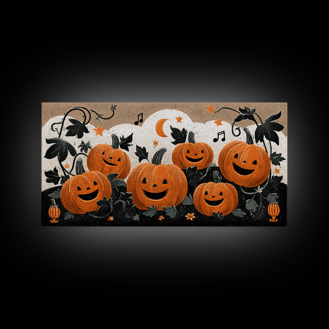 The Singing Pumpkin Patch, Linocut Halloween Art, Wide Panoramic Art, Framed Canvas Print, Cute Halloween Wall Art