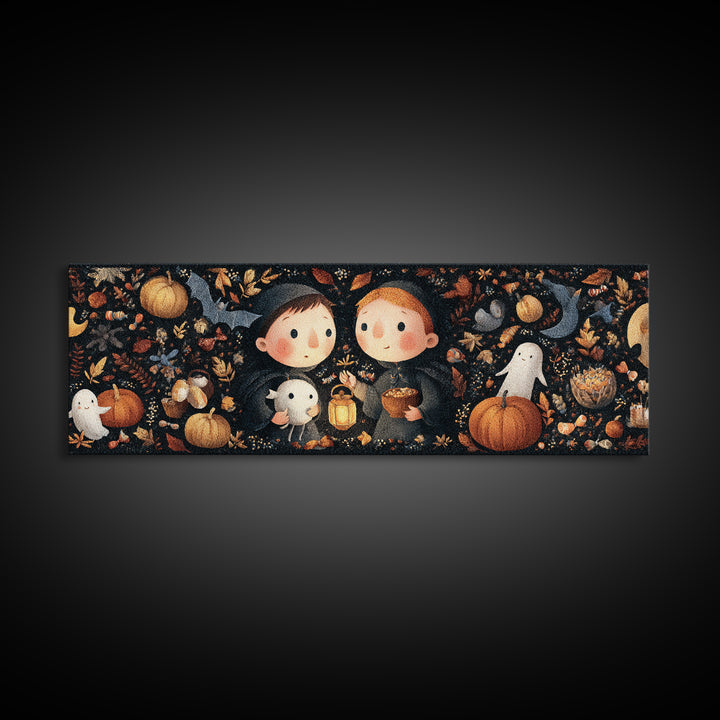 The Child Who Caught A Moon-Spawn, Embroidered Halloween Art, Extra Wide Wall Art, Canvas Print, Cute Halloween Wall Art