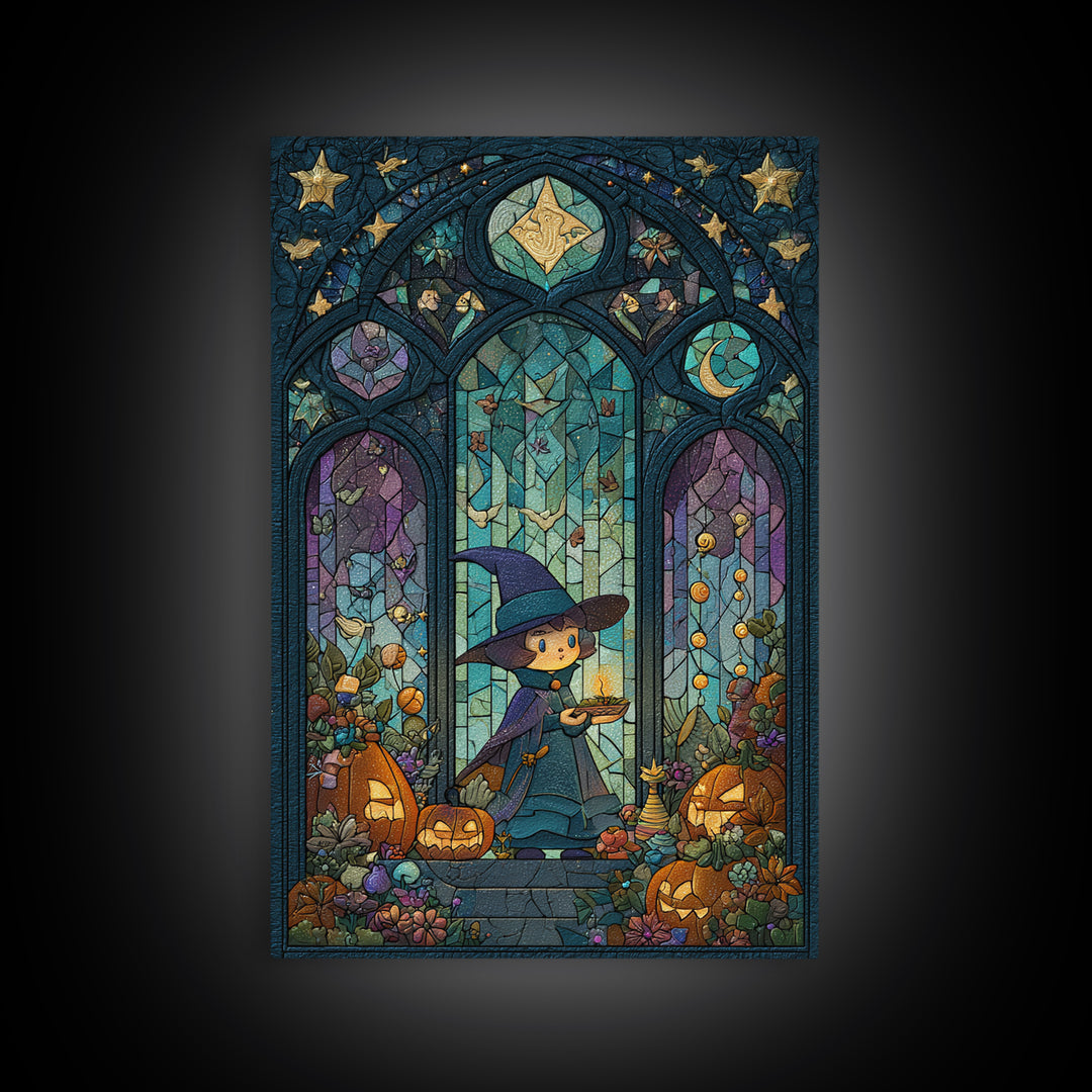 The Tiny Hat Shop Witch, Stained Glass Halloween, Vertical Wall Art, Canvas Print, Cute Halloween Wall Art