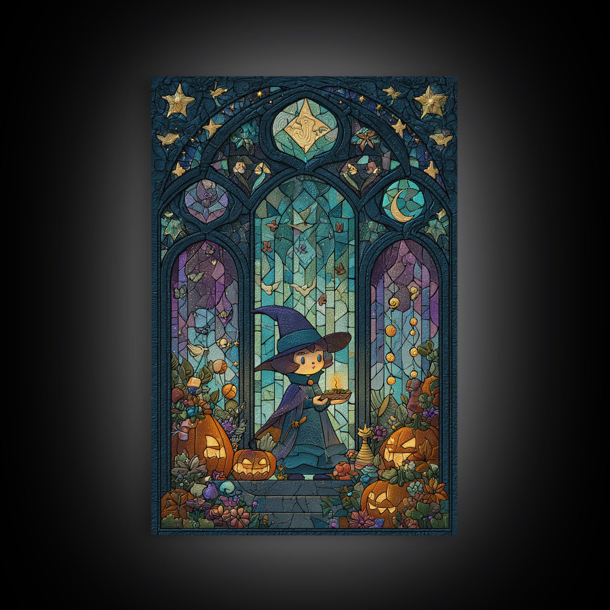 The Tiny Hat Shop Witch, Stained Glass Halloween, Vertical Wall Art, Canvas Print, Cute Halloween Wall Art
