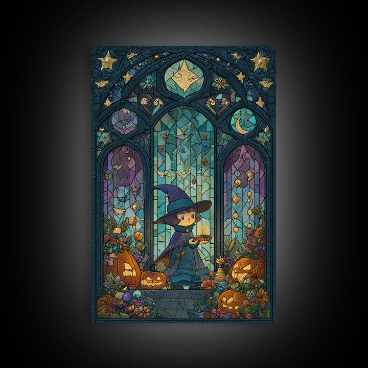 The Tiny Hat Shop Witch, Stained Glass Halloween, Vertical Wall Art, Canvas Print, Cute Halloween Wall Art