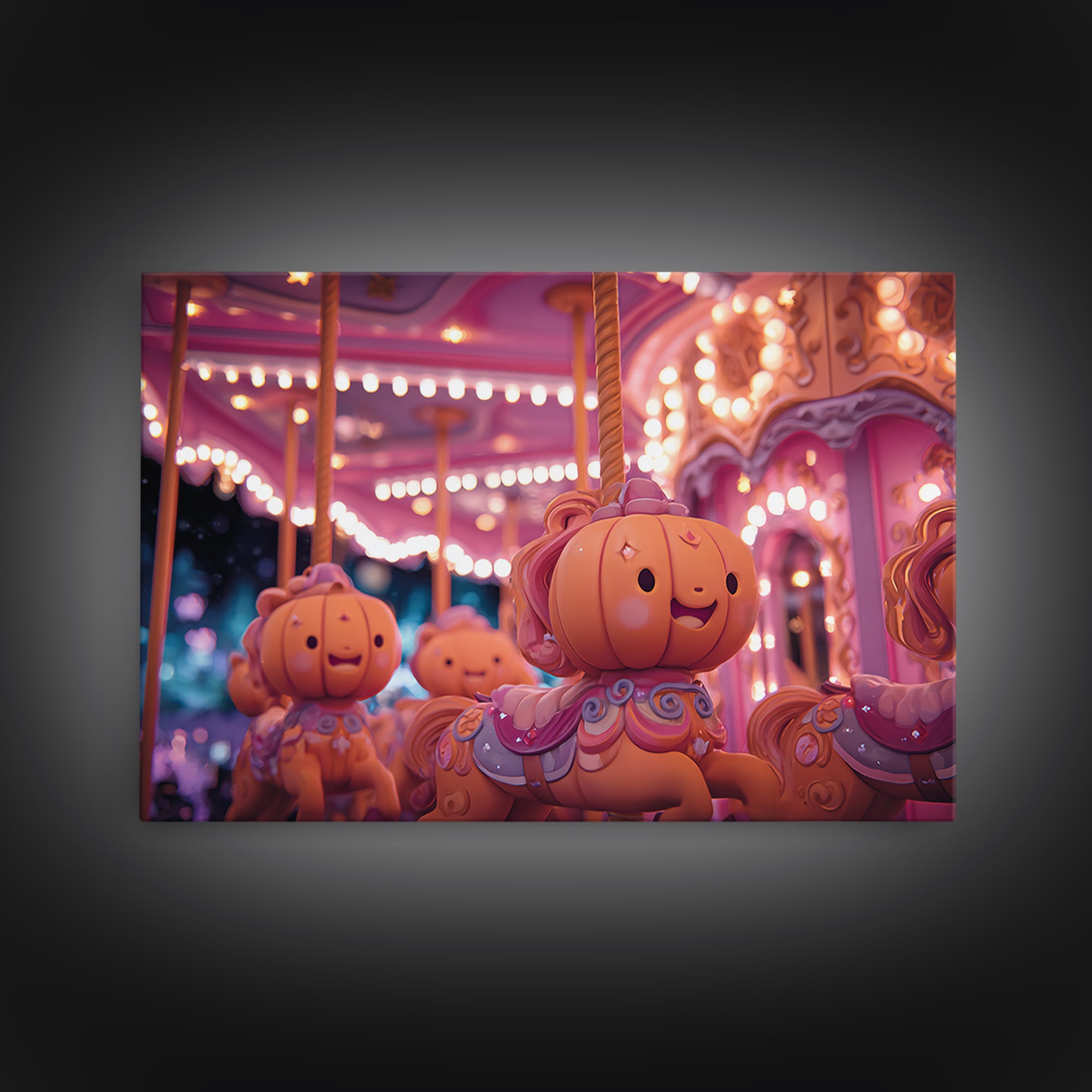 The Pumpkin Carousel, Vaporwave Halloween Art, Landscape Wall Art, Framed Canvas Print, Cute Halloween Wall Art