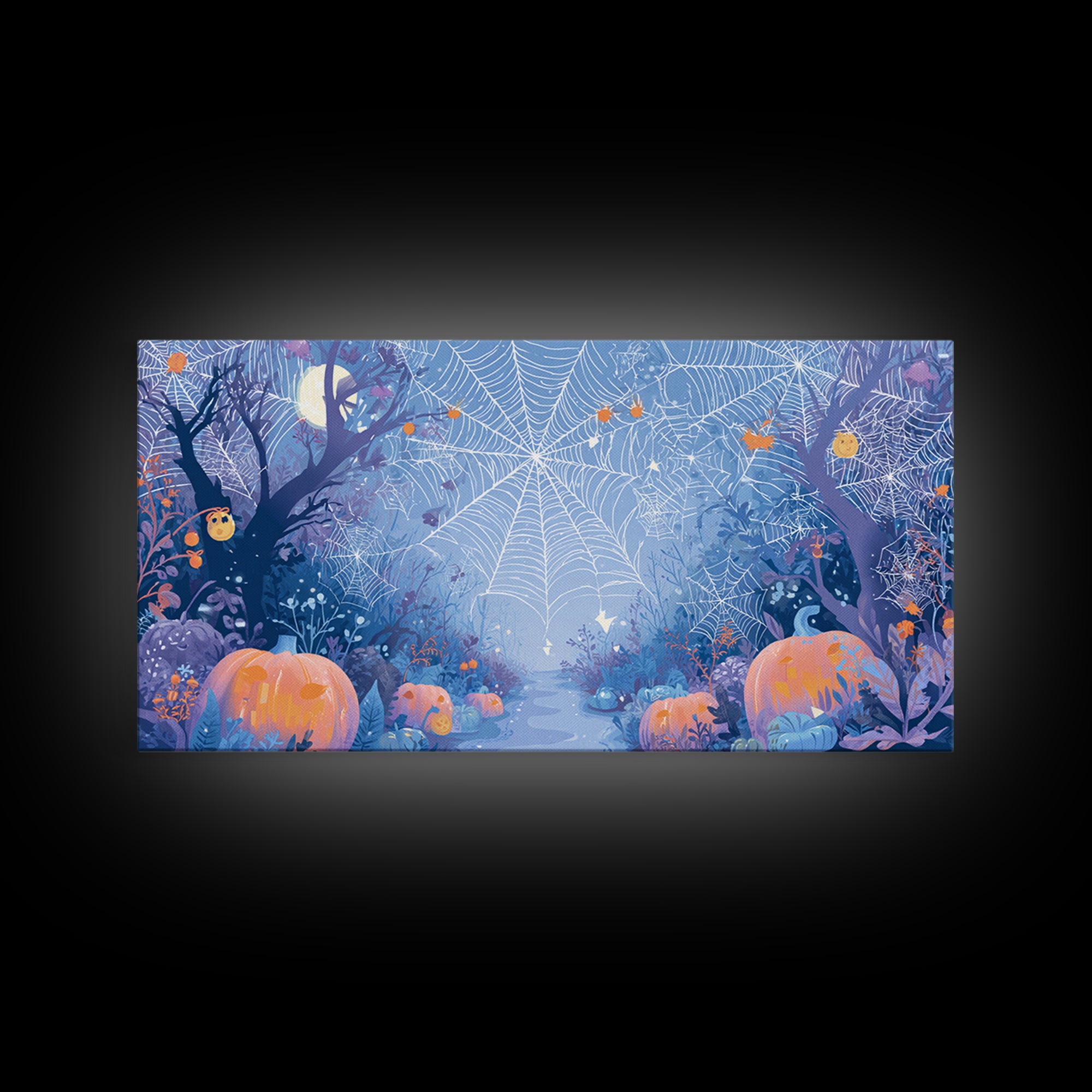 The Great Cobweb Knitting Contest, Vector Halloween Art, Wide Panoramic Art, Framed Canvas Print, Cute Halloween Wall Art