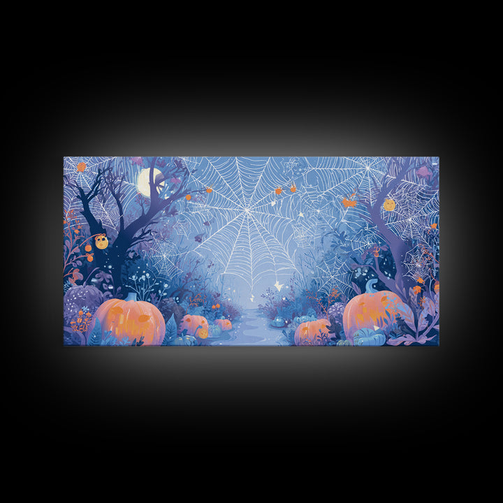 The Great Cobweb Knitting Contest, Vector Halloween Art, Wide Panoramic Art, Framed Canvas Print, Cute Halloween Wall Art
