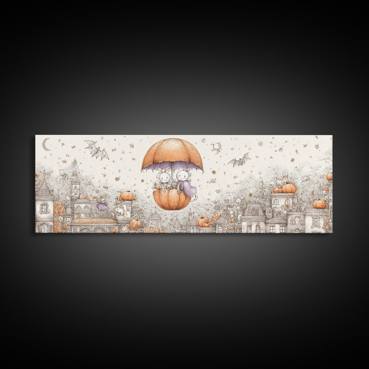 The Enchanted Umbrella Adventure, Hand Sketch Halloween Art, Extra Wide Wall Art, Canvas Print, Cute Halloween Wall Art