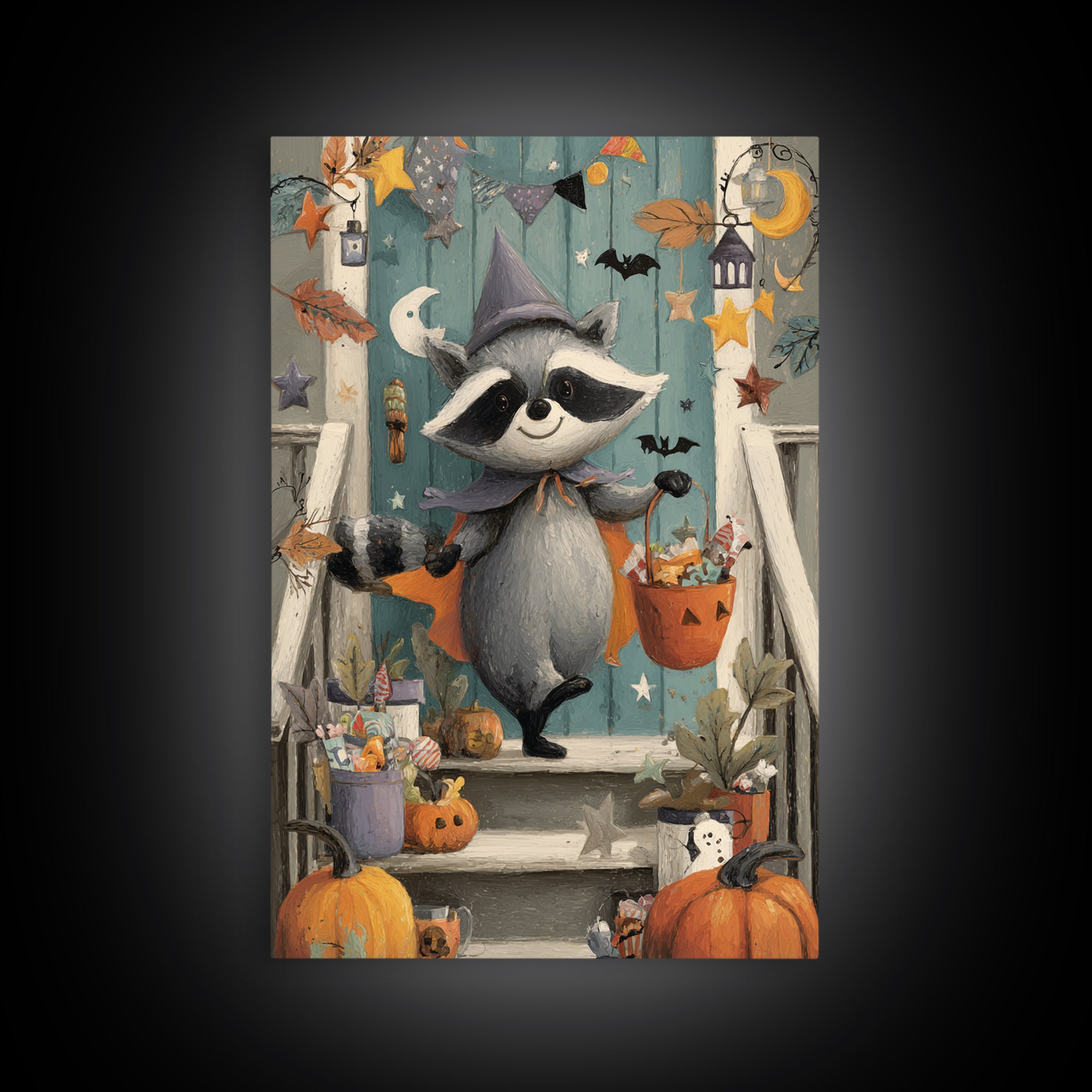 The Raccoon Trick-Or-Treater, Gouache Halloween Art, Vertical Wall Art, Canvas Print, Cute Halloween Wall Art
