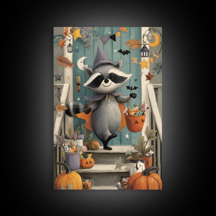 The Raccoon Trick-Or-Treater, Gouache Halloween Art, Vertical Wall Art, Canvas Print, Cute Halloween Wall Art