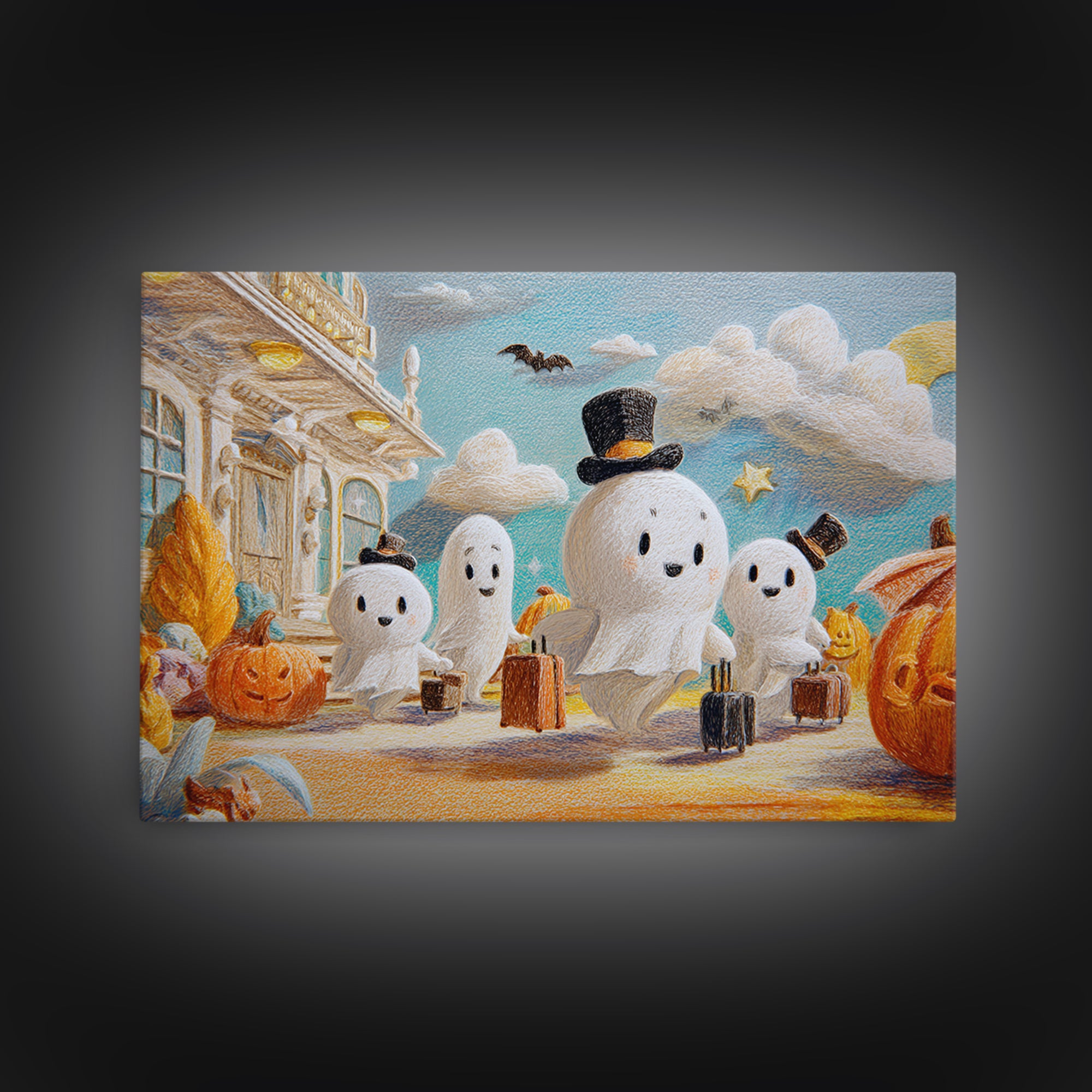 The Friendly Ghost Hotel, Crayon Halloween Art, Landscape Wall Art, Framed Canvas Print, Cute Halloween Wall Art
