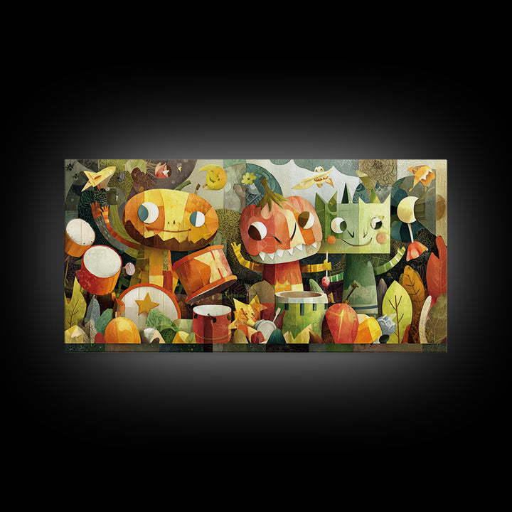 The Little Monster Orchestra, Paper Collage Halloween, Wide Panoramic Art, Framed Canvas Print, Cute Halloween Wall Art