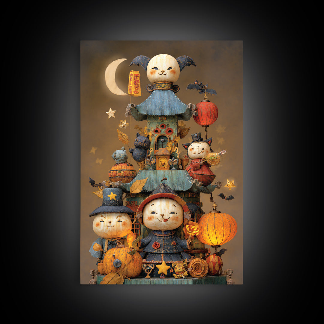The Festival Of The Little Old Ones, Plush Halloween Art, Vertical Wall Art, Canvas Print, Cute Halloween Wall Art