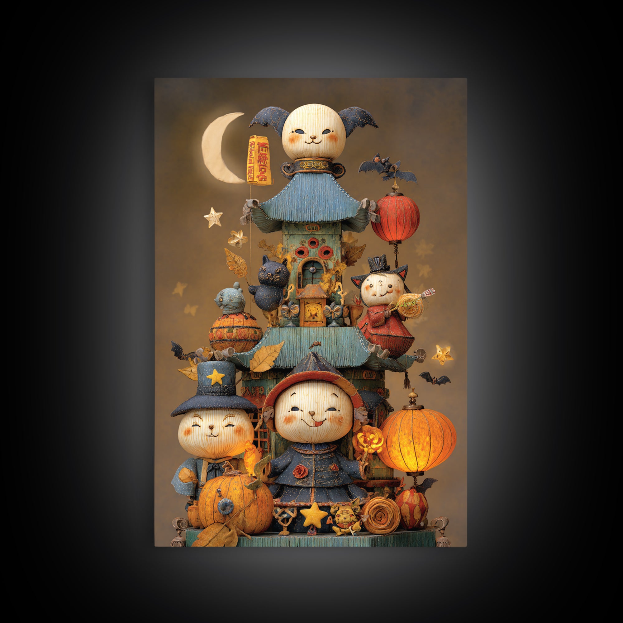 The Festival Of The Little Old Ones, Plush Halloween Art, Vertical Wall Art, Canvas Print, Cute Halloween Wall Art