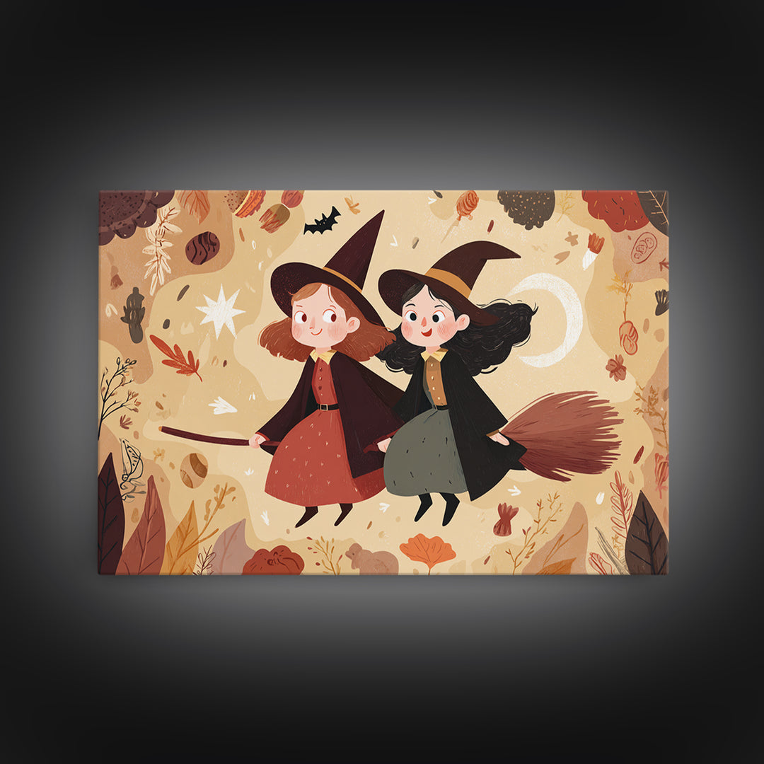 The Twin Broomstick Witches, Kawaii Halloween Art, Landscape Wall Art, Framed Canvas Print, Cute Halloween Wall Art
