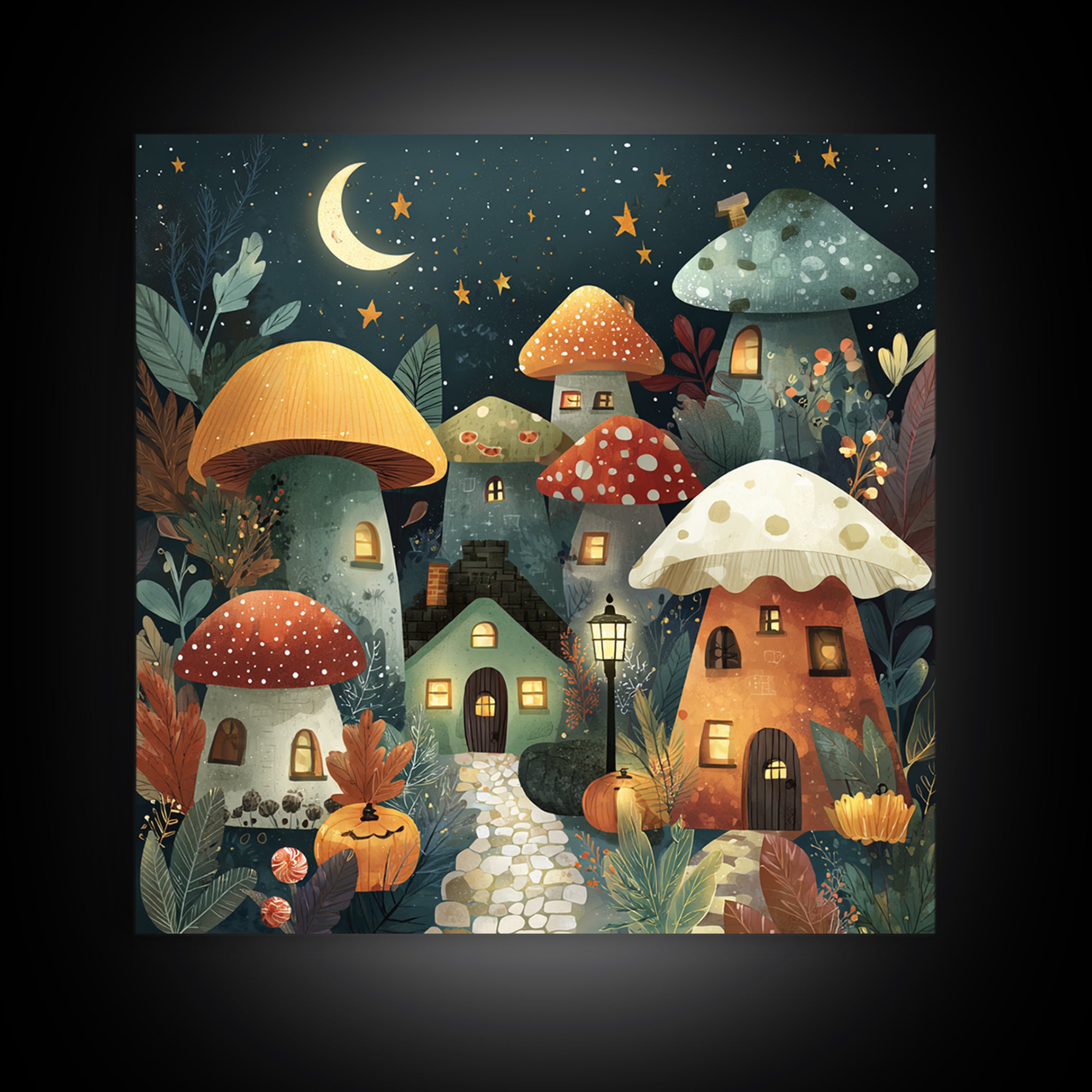 The Lantern-Lit Mushroom Village, Retro Halloween Art, Square Wall Art, Canvas Print, Cute Halloween Wall Art