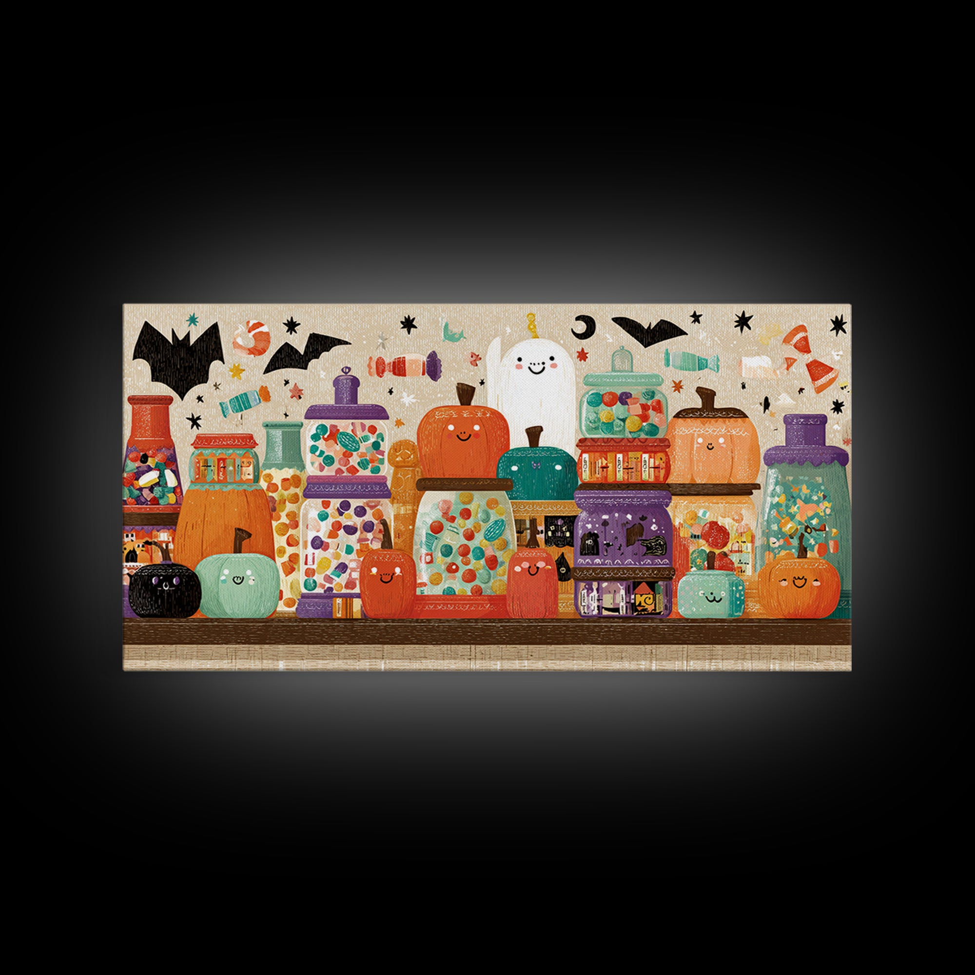 The Jellybean Potion Shop, Screenprint Halloween Art, Wide Panoramic Art, Framed Canvas Print, Cute Halloween Wall Art