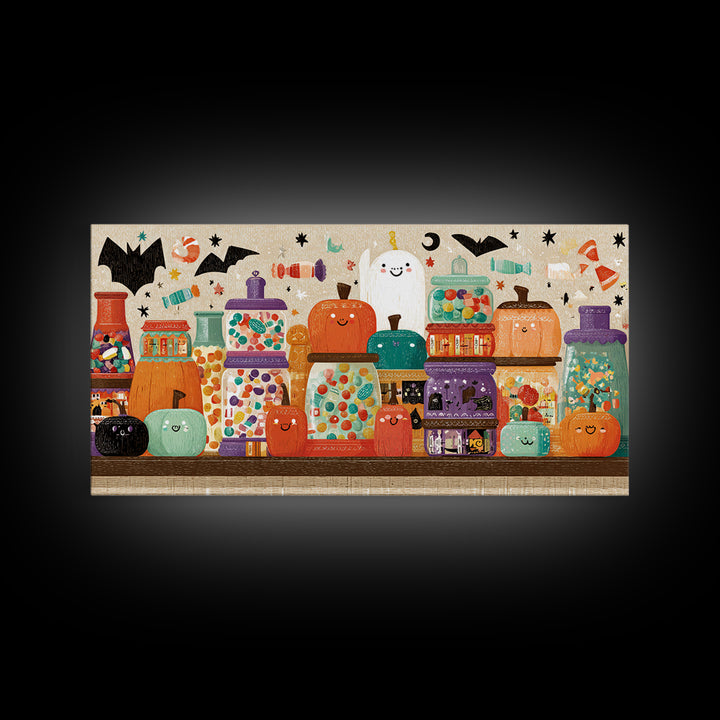 The Jellybean Potion Shop, Screenprint Halloween Art, Wide Panoramic Art, Framed Canvas Print, Cute Halloween Wall Art