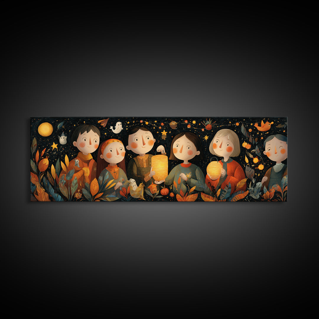 The Lantern-Making Festival, Folk Halloween Art, Extra Wide Wall Art, Canvas Print, Cute Halloween Wall Art