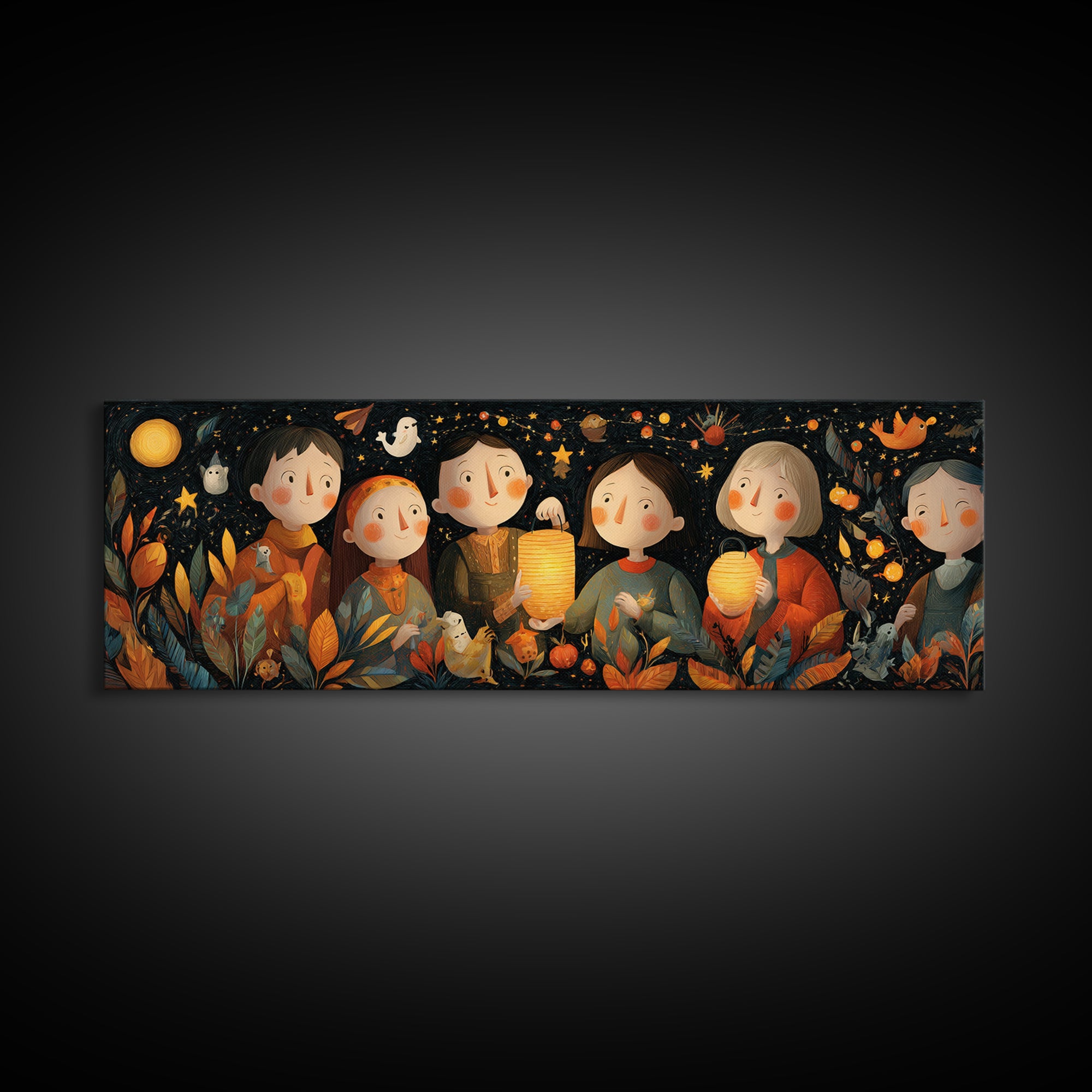 The Lantern-Making Festival, Folk Halloween Art, Extra Wide Wall Art, Canvas Print, Cute Halloween Wall Art