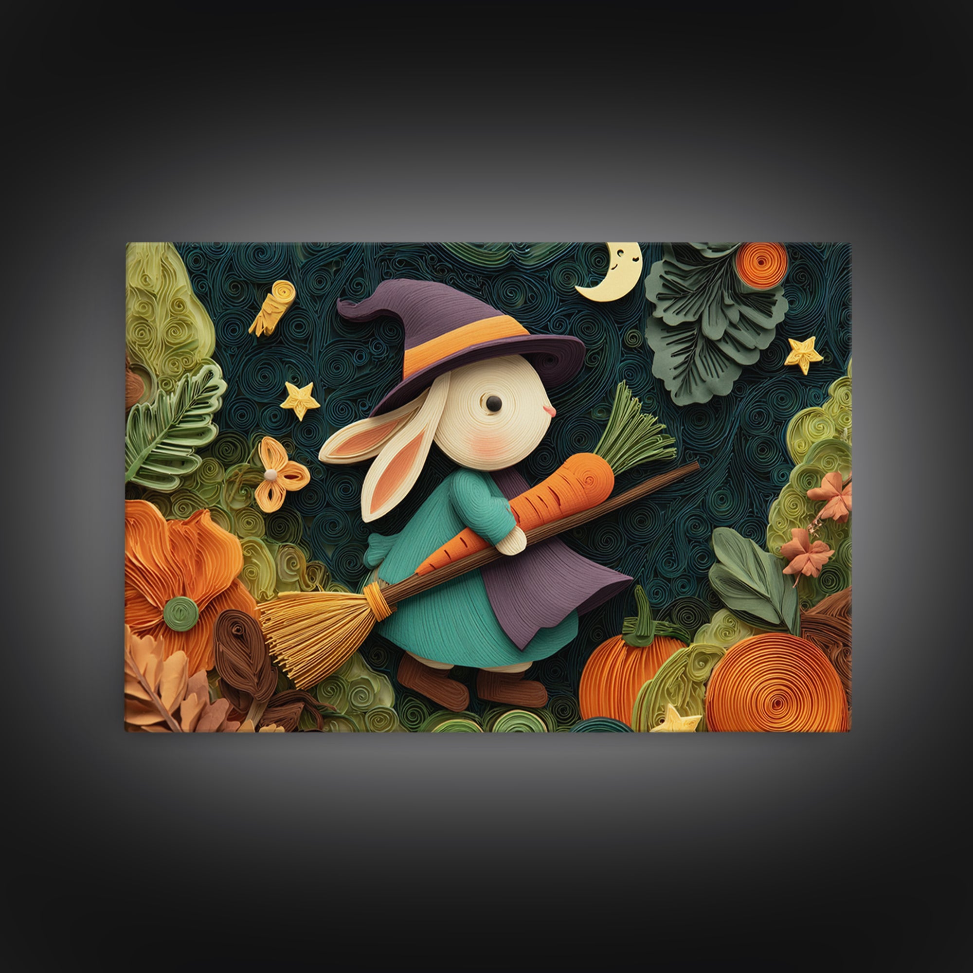 The Bunny Witch, Quilled Halloween Art, Landscape Wall Art, Framed Canvas Print, Cute Halloween Wall Art