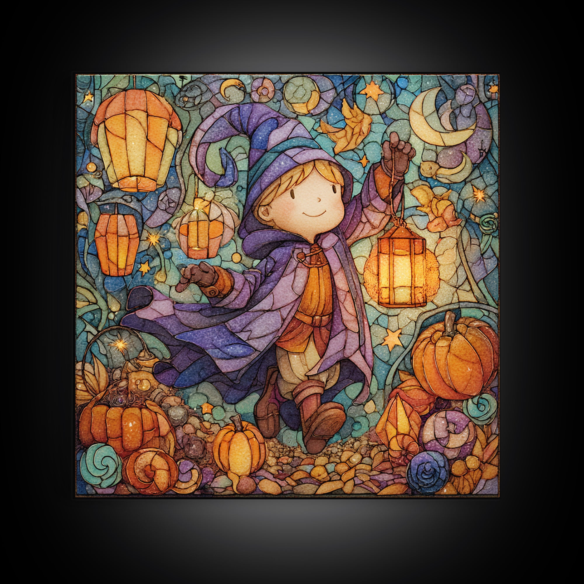 The Lantern-Light Wizard, Stained Glass Halloween, Square Wall Art, Canvas Print, Cute Halloween Wall Art