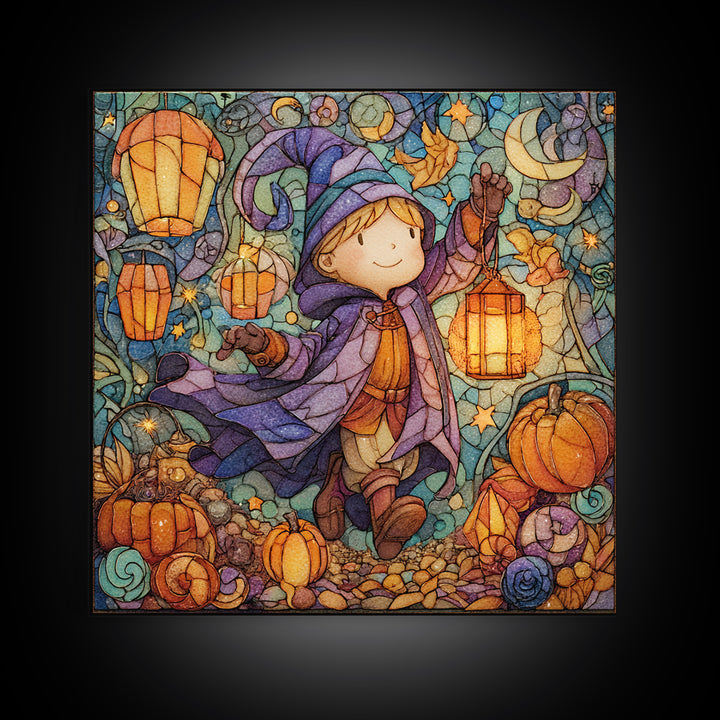 The Lantern-Light Wizard, Stained Glass Halloween, Square Wall Art, Canvas Print, Cute Halloween Wall Art