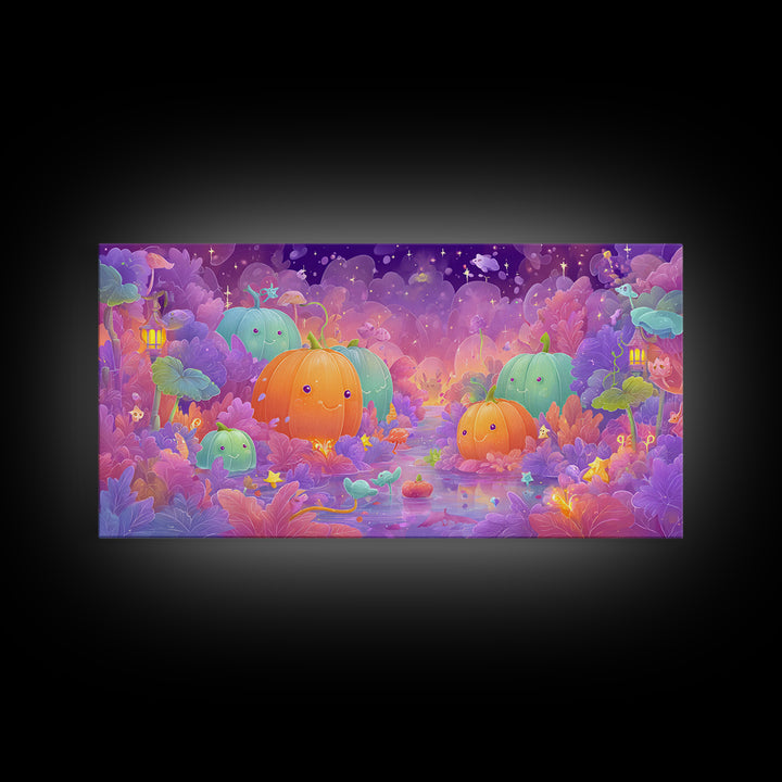 The Pumpkin Fairy Garden, Vaporwave Halloween Art, Wide Panoramic Art, Framed Canvas Print, Cute Halloween Wall Art