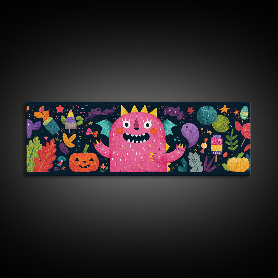 The Polka-Dot Monster, Pixel Halloween Art, Extra Wide Wall Art, Canvas Print, Cute Halloween Wall Art