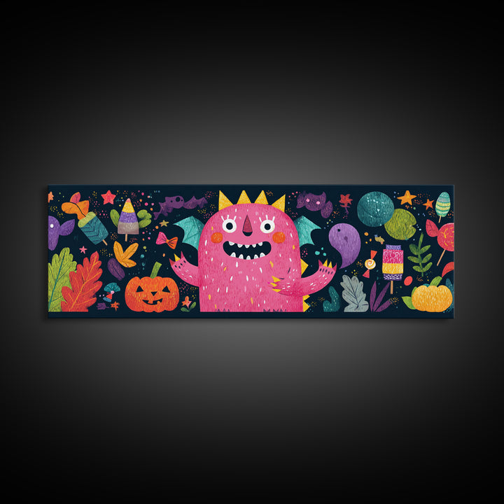 The Polka-Dot Monster, Pixel Halloween Art, Extra Wide Wall Art, Canvas Print, Cute Halloween Wall Art
