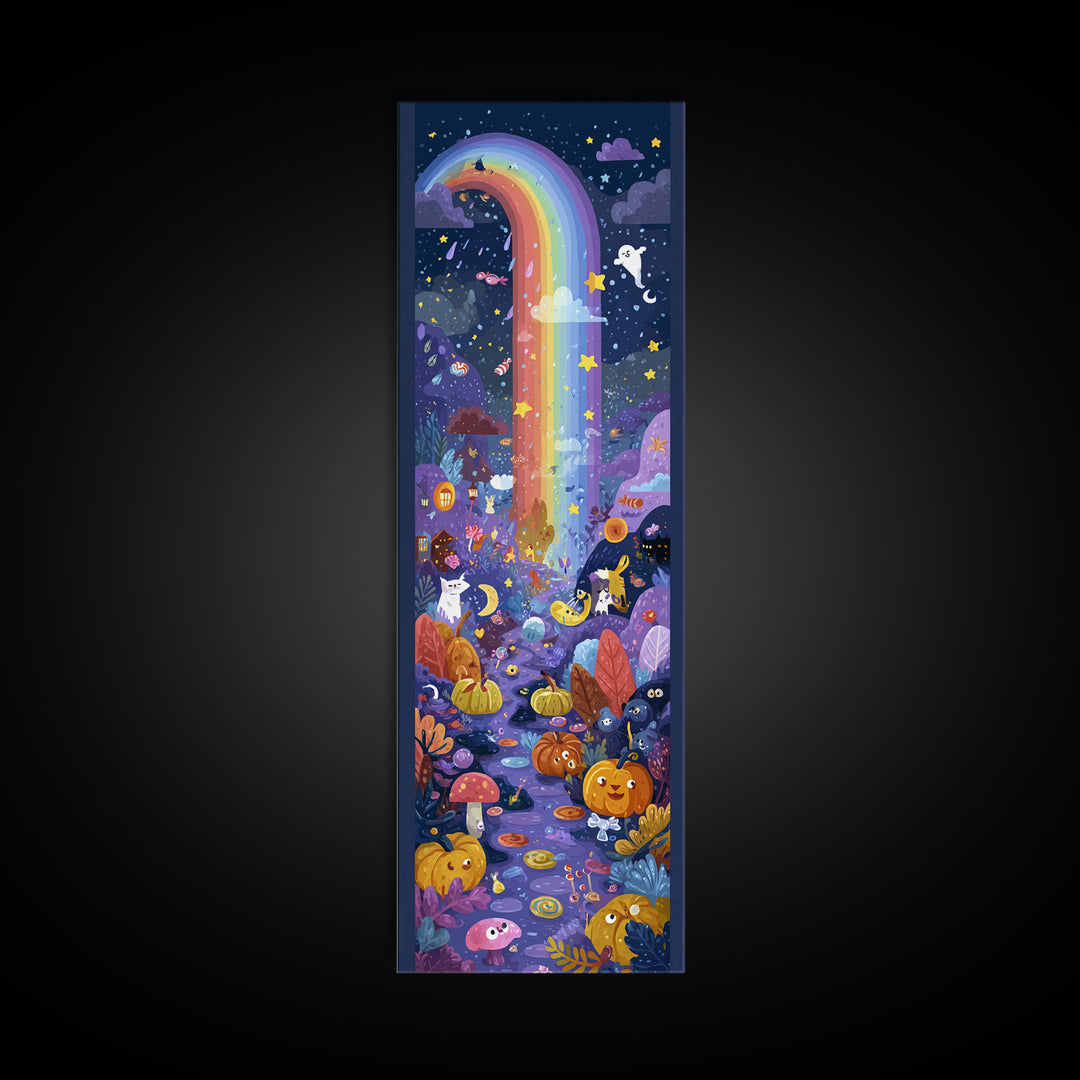 The Rainbow After The Halloween Rain, Vector Halloween Art, Tall Narrow Wall Art, Framed Canvas Print, Cute Halloween Wall Art