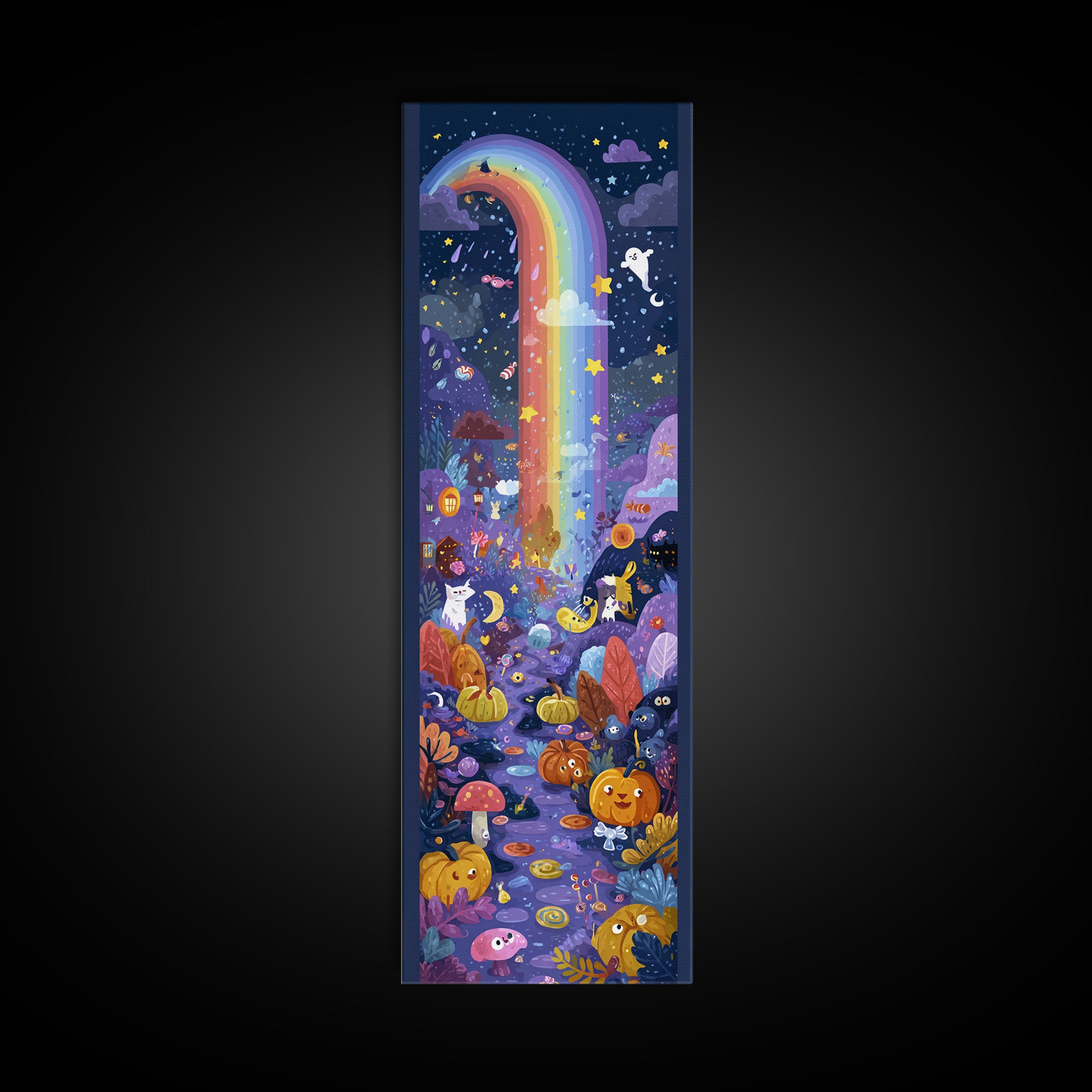 The Rainbow After The Halloween Rain, Vector Halloween Art, Tall Narrow Wall Art, Framed Canvas Print, Cute Halloween Wall Art