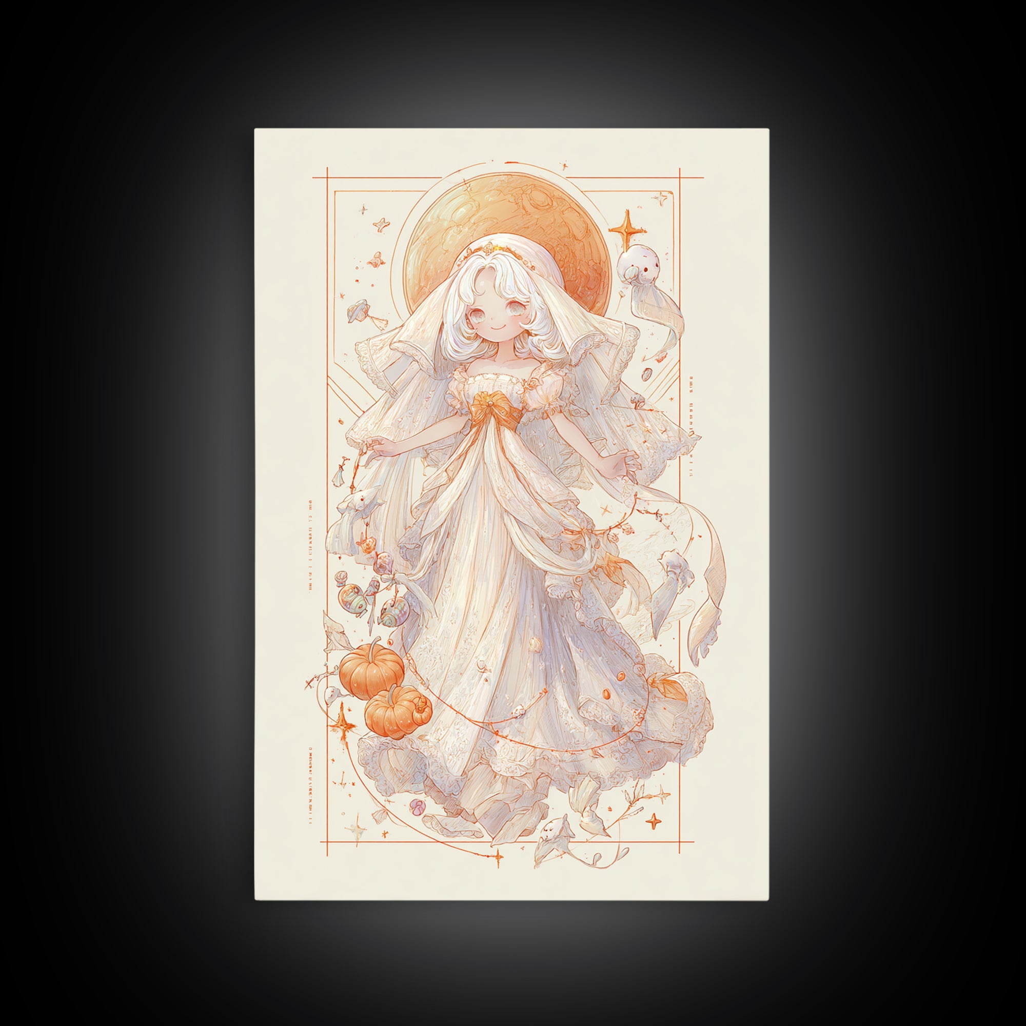 The Bride Of The Abyssal Moon, Hand Sketch Halloween Art, Vertical Wall Art, Canvas Print, Cute Halloween Wall Art