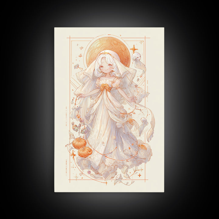 The Bride Of The Abyssal Moon, Hand Sketch Halloween Art, Vertical Wall Art, Canvas Print, Cute Halloween Wall Art