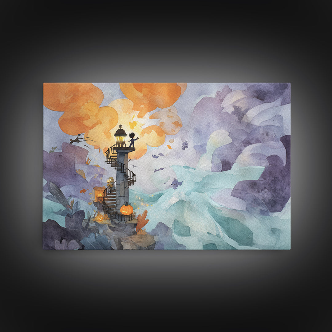 The Last Lighthouse Of Y’Ha-Nthlei, Watercolor Halloween Art, Landscape Wall Art, Framed Canvas Print, Cute Halloween Wall Art