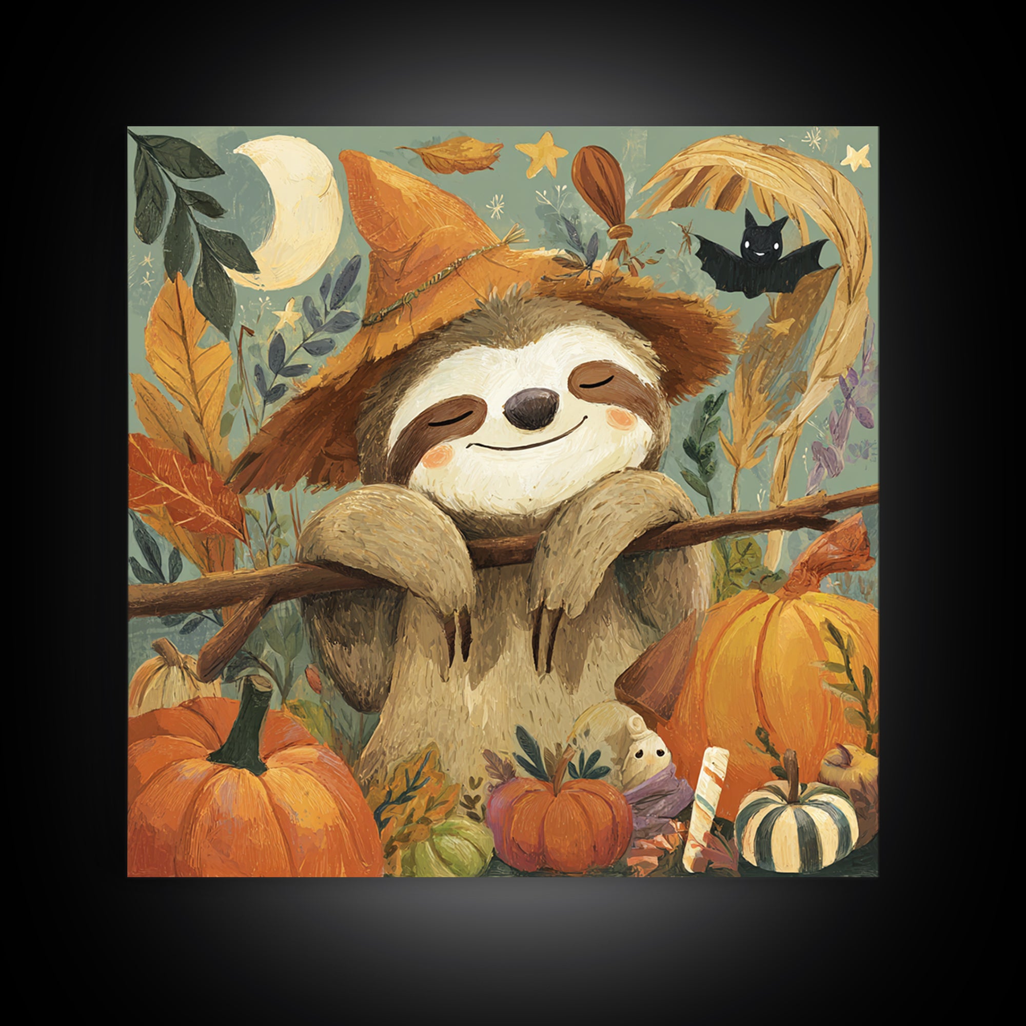 The Scarecrow Sloth, Gouache Halloween Art, Square Wall Art, Canvas Print, Cute Halloween Wall Art, Halloween Kids Decor