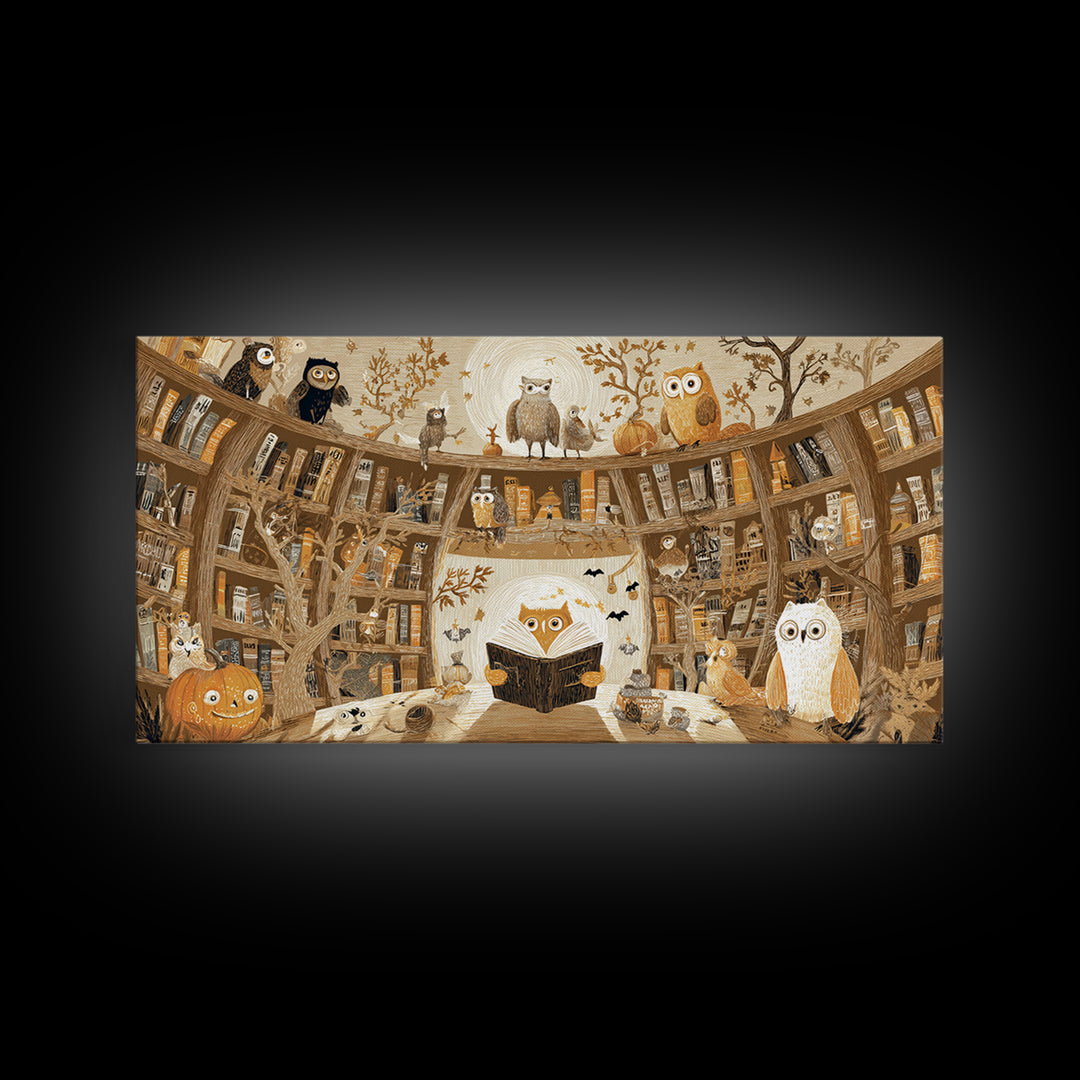The Moonbeam Library, Crayon Halloween Art, Wide Panoramic Art, Framed Canvas Print, Cute Halloween Wall Art