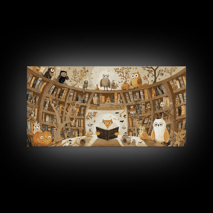 The Moonbeam Library, Crayon Halloween Art, Wide Panoramic Art, Framed Canvas Print, Cute Halloween Wall Art