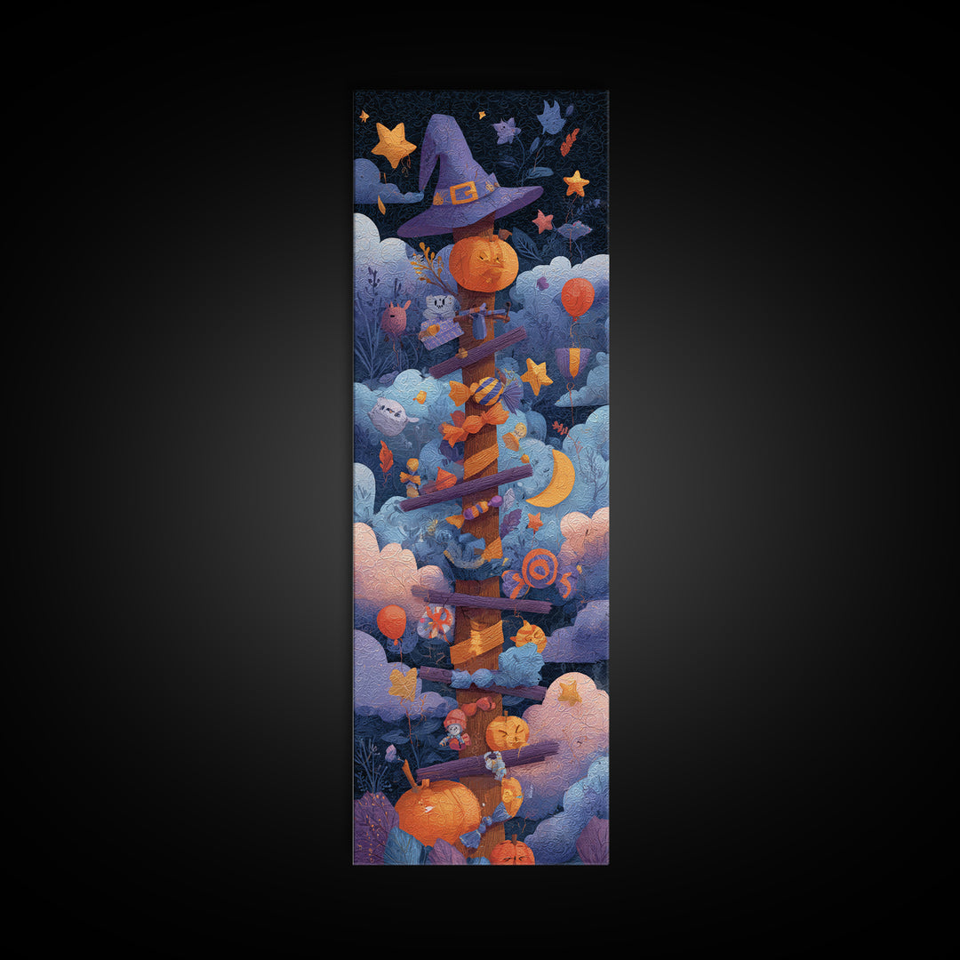 The Broomstick Obstacle Course, Paper Collage Halloween, Tall Narrow Wall Art, Framed Canvas Print, Cute Halloween Wall Art